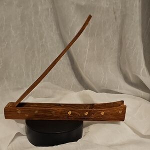 Handcrafted Wooden Incense Holder With Brass Scroll / Leaf Design